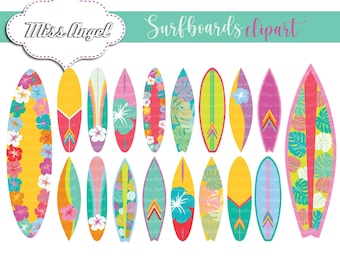 Hawaii Surfboards clipart set, 18 digital surf boards. Beach Colorful Surfboards. Hibiscus flowers surfboards. 6" Digital Surf clipart