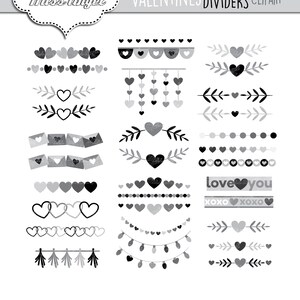 Valentines day dividers. Black Heart Dividers. 33 romantic monochrome dividers. Valentines decorative element. Heart text dividers clipart