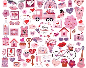 Valentines Day Clipart. Cute Valentines bundle. Truck, bike, flowers, hearts Clipart. Valentine's Day Doodles clipart. Digital PNG love
