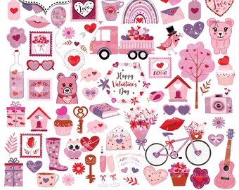 Valentines Day Clipart. Cute Valentines bundle. Truck, bike, flowers, hearts Clipart. Valentine's Day Doodles clipart. Digital PNG love
