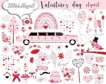 Valentines Day Clipart. Pink Valentines clipart bundle. Limo, flowers, hearts Clipart. Valentine's Day Doodles clipart. Digital PNG love