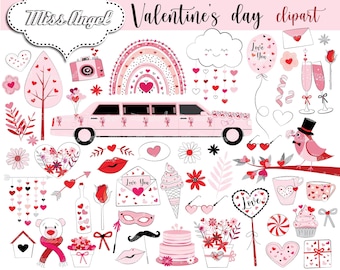 Valentijnsdag clipart. Roze Valentijnsdag clipartbundel. Limo, bloemen, harten Clipart. Valentijnsdag doodles clipart. Digitale png-liefde