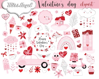 Valentines Day Clipart. Valentine clipart bundle. Pink Red Hearts, Heart Clipart. Valentine's Day Doodles clipart. Digital PNG love clipart