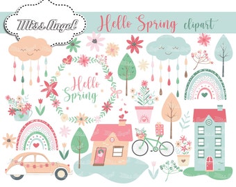 Hello Spring clipart. Cute rainbows, houses, car, bike, flowers, trees, clouds. Chic Spring clipart. Spring Baby Shower, Mothers Day Garden