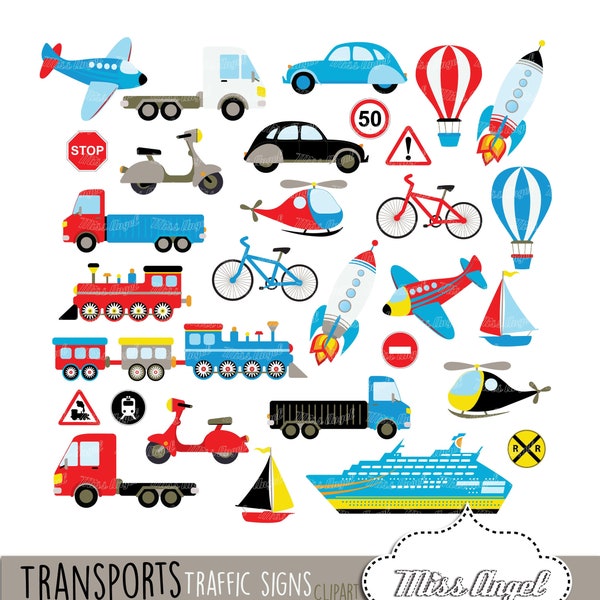 Transport Clipart. Vehicle clipart. Car, Train, Truck, Helicopter, Plane, Boat, Rocket, Bike, Balloon. Traffic signs. Transportation clipart