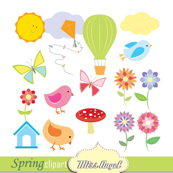 Colorful Spring CLIPART, flowers, butterflies, hot air balloon, sun, kite, clouds, birds, birdhouse. Printable Spring illustrations