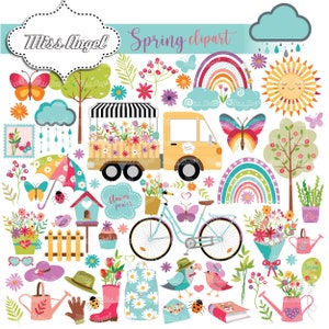 Lot de cliparts de printemps. Joli ensemble numérique Spring Garden. Clipart de fleurs à petit usage commercial. PNG. Camionnette fleurie, vélo, oiseau, jardin, fête des mères