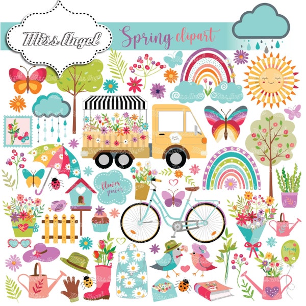 Spring Clipart bundle. Cute Spring Garden digital set. Flowers clipart Small Commercial Use. PNG. Flower van, bike, bird, Garden Mothers Day