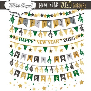Bandierine Clipart di Capodanno. Ghirlande di Capodanno 2025. Oro, grigio, verde. Festa di Capodanno. Striscioni di Capodanno. Bordi di Capodanno