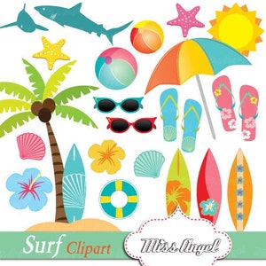 Hawaii Surf Clipart, Summer Beach Clip Art, Tablas de surf, Palmera, Conchas, Hibisco, Tiburones. Imágenes prediseñadas de surf en Hawái. Naranja, Verde, Azul