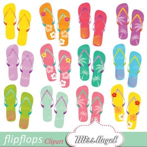 May include: A set of 10 colorful flip-flop illustrations with various designs, including palm trees, flowers, and geometric patterns. The flip-flops are all in different colors, including pink, blue, green, yellow, and orange.