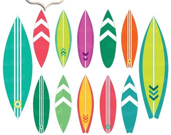Surfboards CLIPART SET, 12 Scrapbooking Digital Images, Beach Colorful Surfboards 6" Digital Surf clip art, by MissAngelClipArt