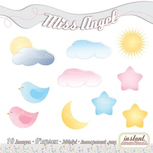 Baby shower clipart. Clouds and stars clipart set. Cute baby party digital files. Clouds, Stars, Birds, Sun, Moon. Cute Sky clipart