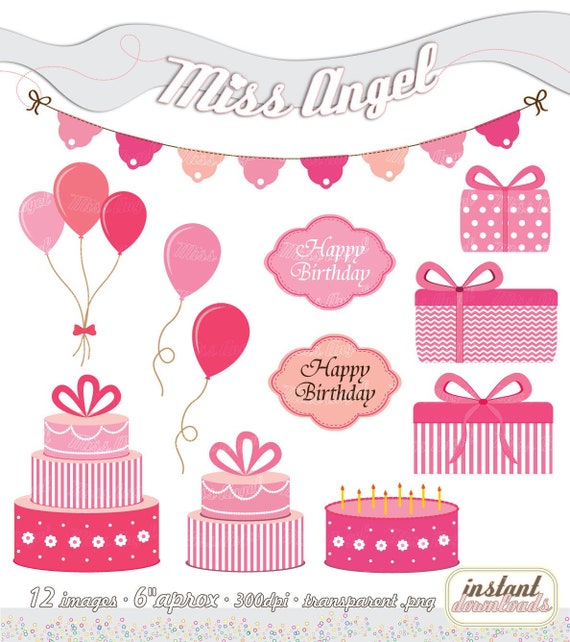 Pink Birthday Party CLIPART. 12 Digital BDay Party Clipart 6" Printable Illustrations Birthday cakes, Gift boxes, Balloons & Tags Pink Peach