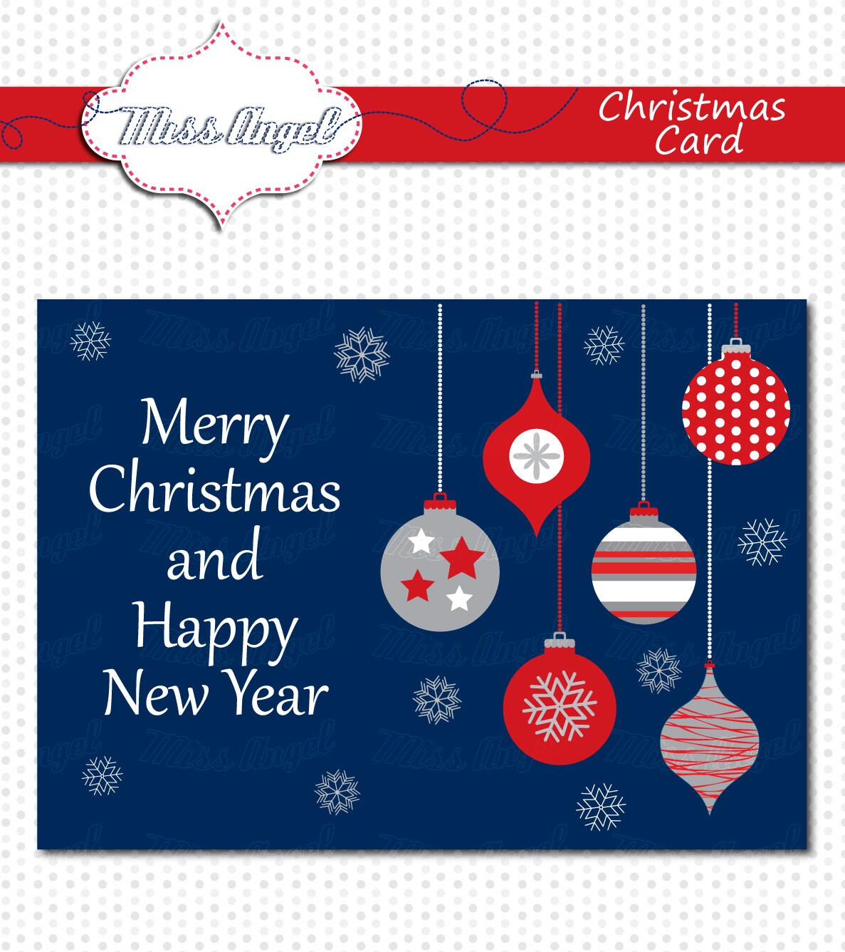 Digital Christmas Card. Printable Night Blue, Red Christmas Clipart