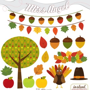 May include: A set of 14 autumn-themed clipart images, including a tree, leaves, acorns, a turkey, and a pilgrim hat. The images are in a cartoon style and feature bright colors like red, orange, yellow, green, and brown.
