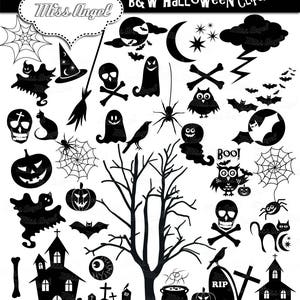 Halloween Silhouettes Clip art. 34 black Halloween clipart. 6 black white Halloween. Ghosts, spiders, pumpkins, haunted house, bats, skull image 6