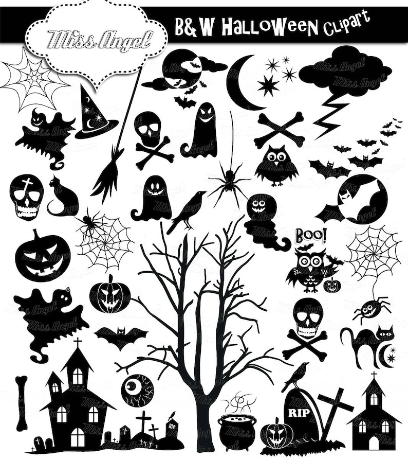 Halloween Silhouettes Clip art. 34 black Halloween clipart. 6 black white Halloween. Ghosts, spiders, pumpkins, haunted house, bats, skull image 6