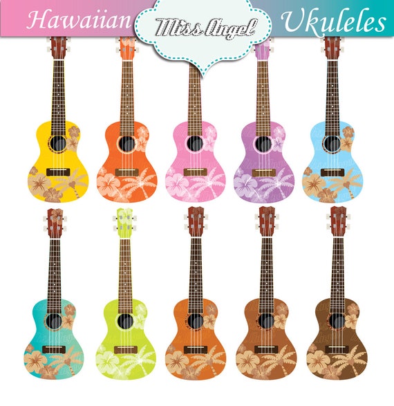 Hawaii Ukulele Clip Art. Hawaiian Ukuleles Clip Art. Hibiscus Ukuleles  Digital Images. 10 Colorful Flowery Ukuleles. Luau Party Decor 