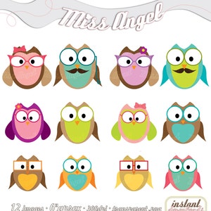 Eulen CLIPART. Eule mit Brille Clip Art. Herr und Frau Eule. 6 "Digitale Eulen Illustrationen. Druckbare Eulen, Schnurrbart, Brille, Schleife