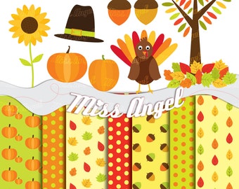 Thanksgiving Clipart and digital papers. Pumpkin pattern, leaves pattern, acorn pattern. Turkey, hat, tree, acorns clipart. Autumn clipart