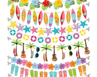 Hawaii Borders Clip art, Tropical Summer Digital ribbons, Surf banners, borders. Surfboards, hibiscus, ukulele, flip flops, sea stars, shell