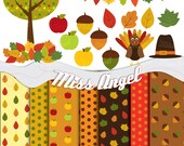 Fall Autumn Clipart, digital Thanksgiving: Printable leaves, tree, acorns, apples, turkey, hat, banners. 16 illustrations and 7 paper sheets