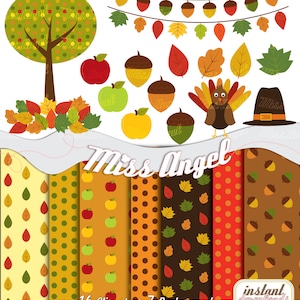 May include: A set of 16 autumn-themed clipart images and 7 background patterns. The clipart includes a tree, apples, acorns, leaves, a turkey, and a pilgrim hat. The patterns feature polka dots, leaves, apples, and acorns in various colors.
