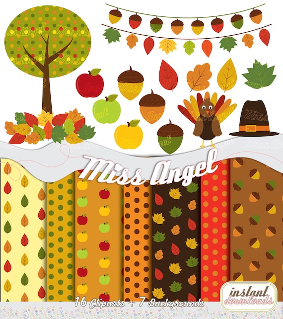 Fall Autumn Clipart, digital Thanksgiving: Printable leaves, tree, acorns, apples, turkey, hat, banners. 16 illustrations and 7 paper sheets