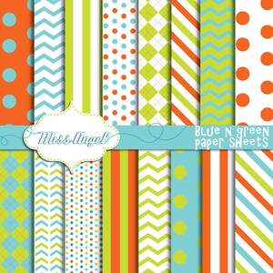 Digital PAPERS SCRAPBOOKING SHEETS. Set 16 Patterned Backgrounds.12&quot;X12&quot; wrapping paper, polka dots, chevrons, stripes. Blue, green, orange