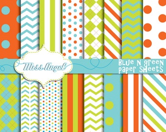 Digital PAPERS SCRAPBOOKING SHEETS. Set 16 Patterned Backgrounds.12"X12" wrapping paper, polka dots, chevrons, stripes. Blue, green, orange