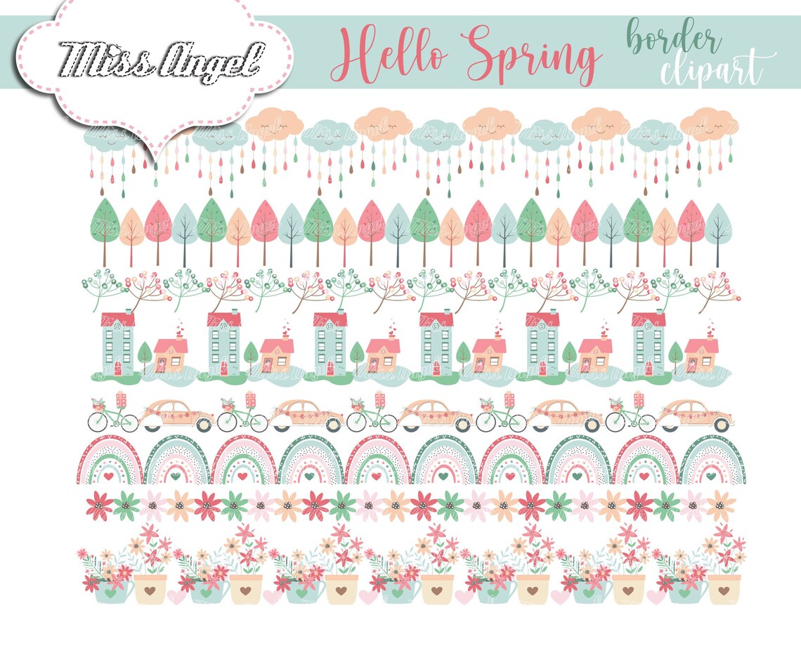 Spring Borders Clipart. Cute Rainbows, Houses, Car, Bike, Flowers ...