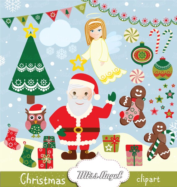 Christmas Clipart Santa Claus 22 Digital Drawings Christmas Tree Gingerbread Father Christmas Decor Candies Angel Red Green