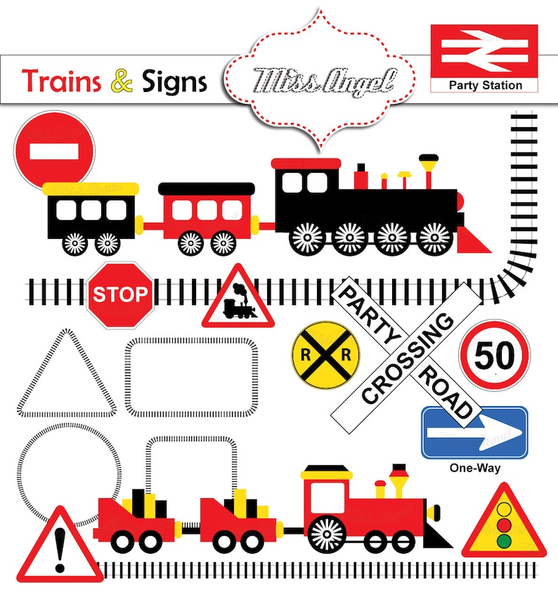 Trains and Signs Clip art, Trains children party clipart. Kids Trains & Signs. Trains Theme. 6 Train Illustrations, MissAngelClipart image 1