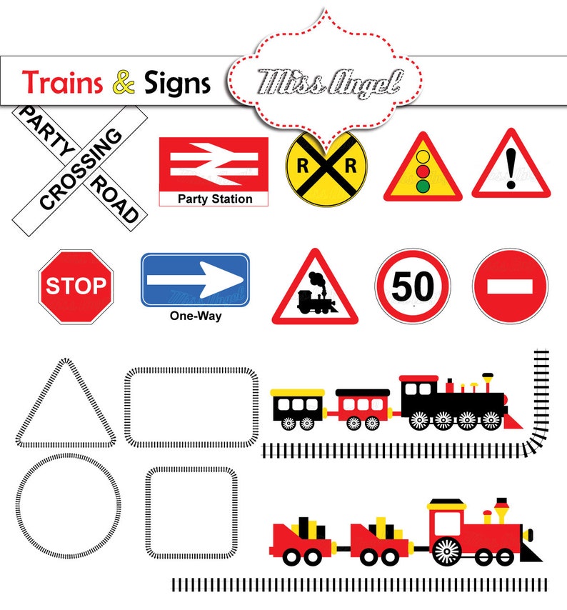 Trains and Signs Clip art, Trains children party clipart. Kids Trains & Signs. Trains Theme. 6 Train Illustrations, MissAngelClipart image 2