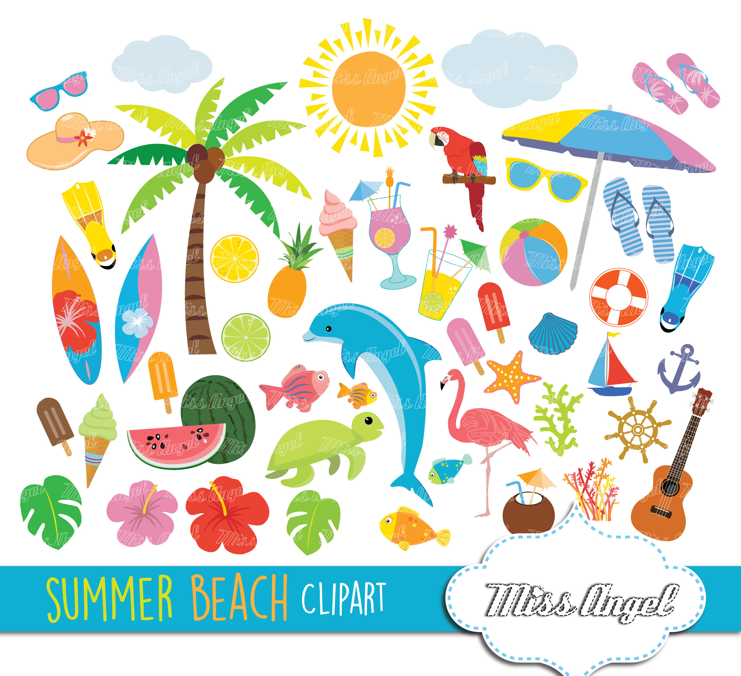 Summer Beach Clipart Set. Hawaii Surf Tropical Clip Art. - Etsy UK
