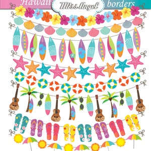 Estandarte del empavesado hawaiano, Borders Clip art, Cintas digitales Verano tropical, Surf. Ukelele, tablas de surf hibisco, chanclas, estrellas de mar, concha