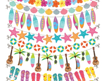 Hawaiian bunting banner, Borders Clip art, Digital ribbons Tropical Summer, Surf. Ukulele, Surfboards hibiscus, flip flops, sea stars, shell