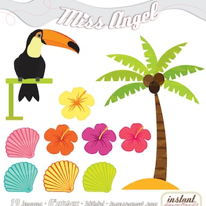 May include: A set of 19 digital images featuring tropical elements, including a toucan, palm tree, hibiscus flowers, and seashells. The images are approximately 6 inches in size and have a resolution of 300 dpi. The text "Miss Angel" is also included in the set.