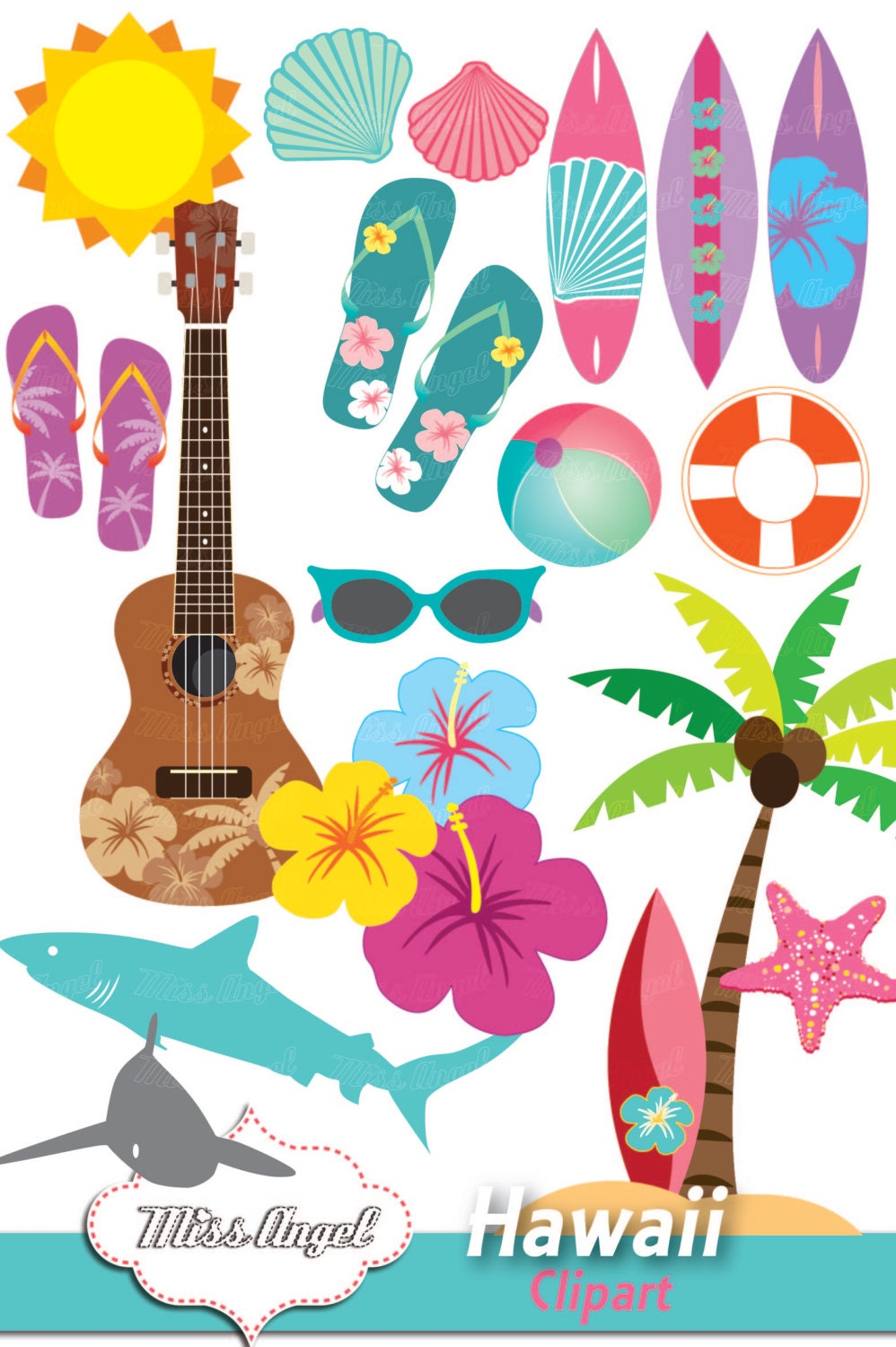 Hawaii Ukulele Clip Art. Hawaiian Ukuleles Clip Art. Hibiscus Ukuleles  Digital Images. 10 Colorful Flowery Ukuleles. Luau Party Decor 