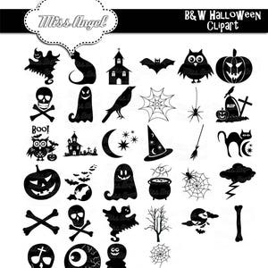 Halloween Silhouettes Clip art. 34 black Halloween clipart. 6 black white Halloween. Ghosts, spiders, pumpkins, haunted house, bats, skull image 5