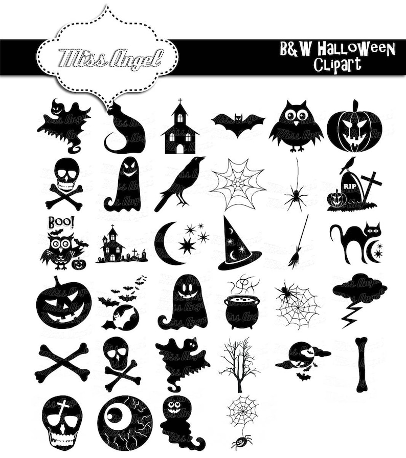 Halloween Silhouettes Clip art. 34 black Halloween clipart. 6 black white Halloween. Ghosts, spiders, pumpkins, haunted house, bats, skull image 5