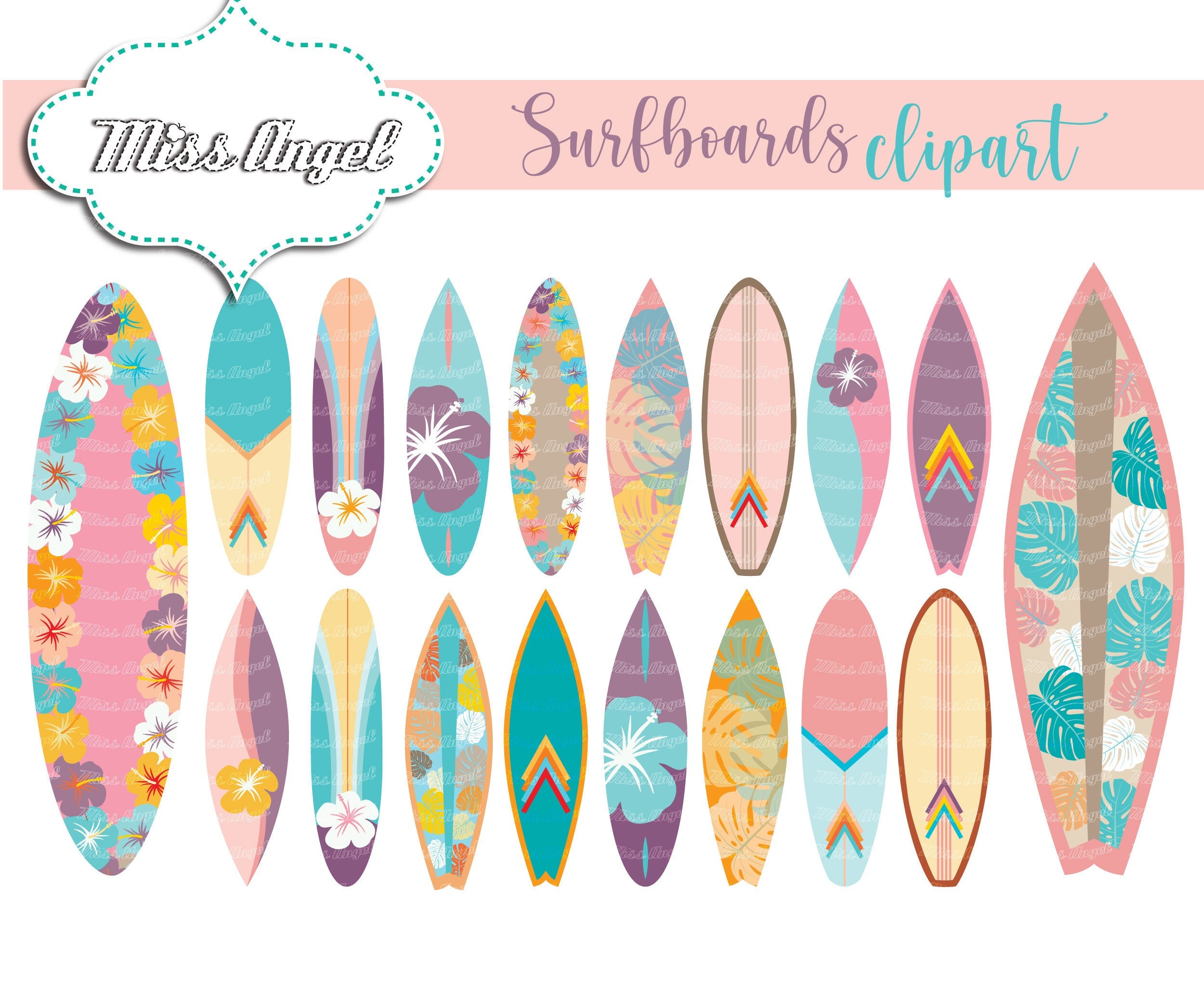 Hawaii Surfboards Clipart Set, 18 Digital Surf Boards. Printable Beach