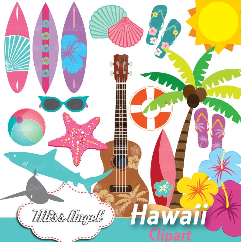 Hawaiian art Hawaii Clipart Palm tree Surf Clip art Blue Hibiscus Surfboards Orange Hukelele Summer drawings Shells Sharks Green