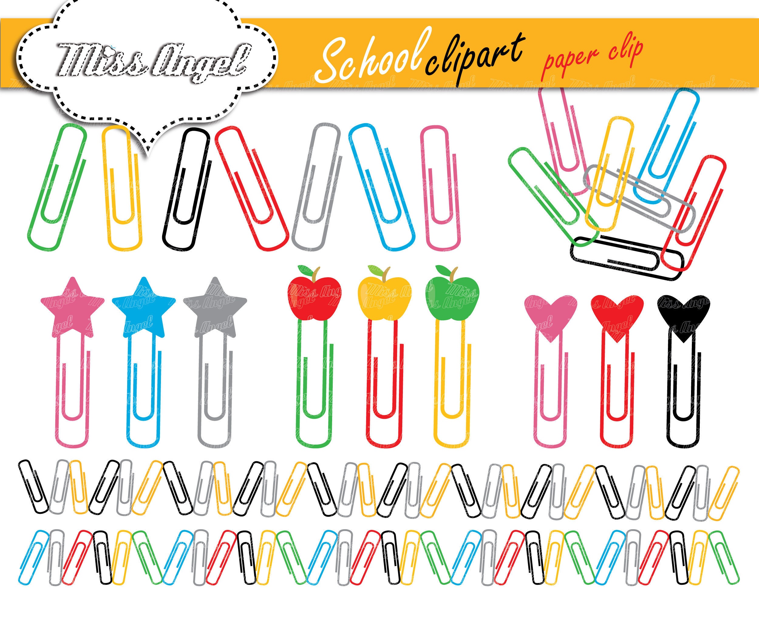 Paperclips Clipart, Digital Paper Clips. Paper Clips. Heart Clips, Star