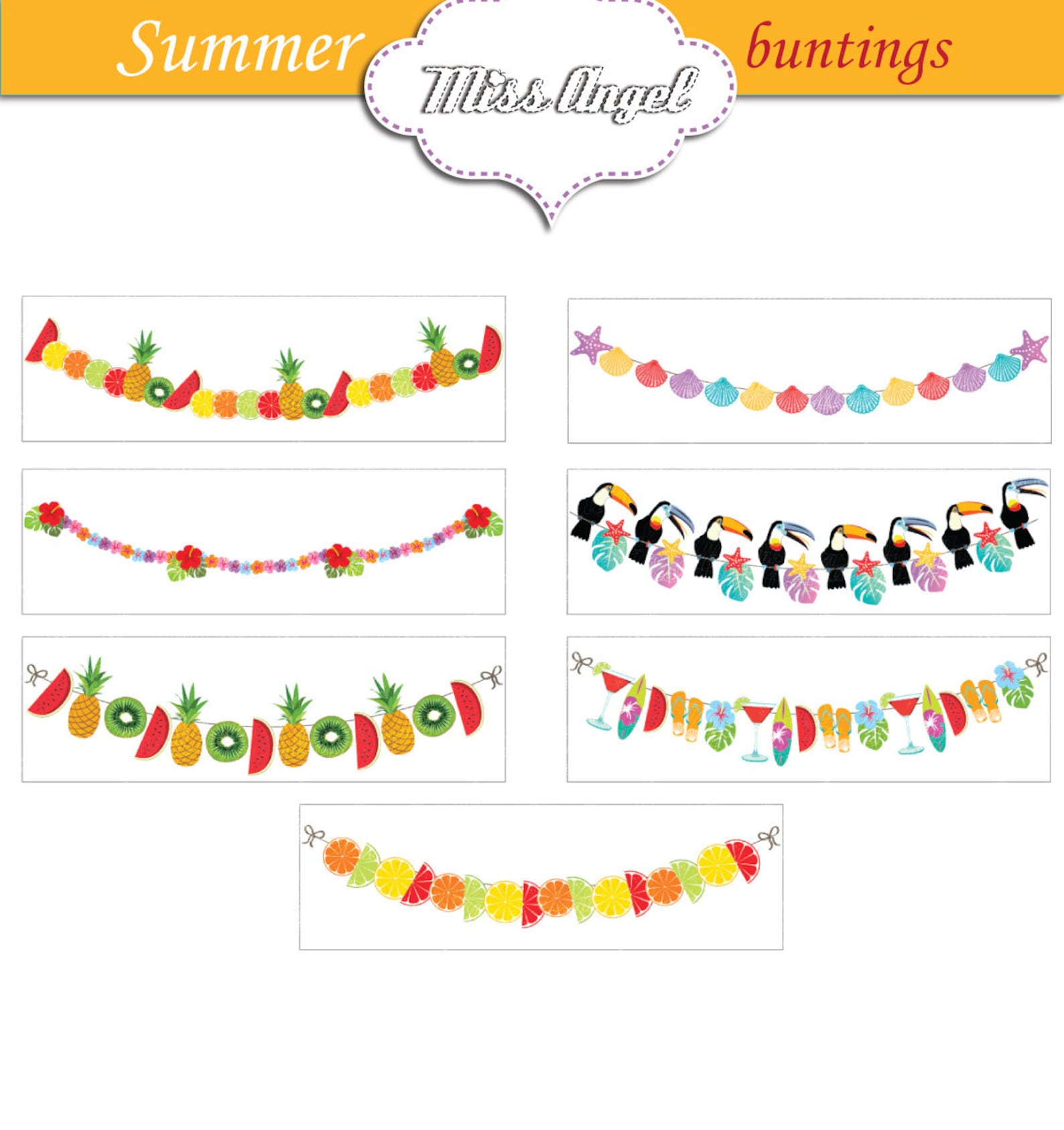 Summer Fruits Buntings Clip Art. Summer Borders, Tropical Summer ...