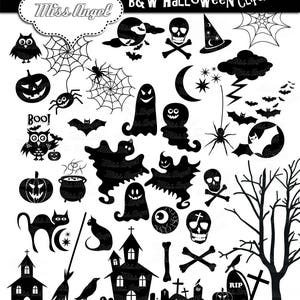 Halloween Silhouettes Clip art. 34 black Halloween clipart. 6 black white Halloween. Ghosts, spiders, pumpkins, haunted house, bats, skull image 4