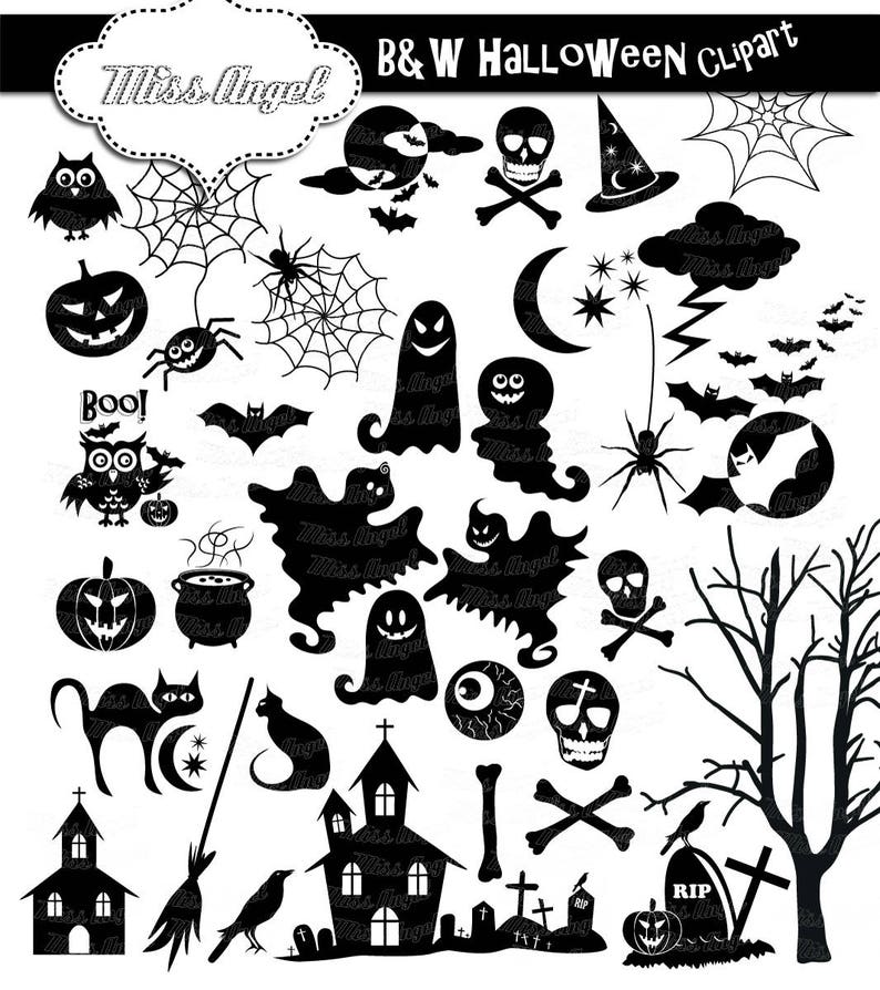 Halloween Silhouettes Clip art. 34 black Halloween clipart. 6 black white Halloween. Ghosts, spiders, pumpkins, haunted house, bats, skull image 4