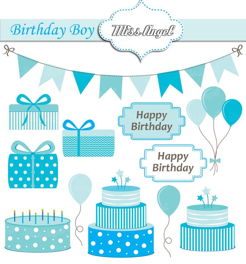 Happy Birthday Boy Clipart. Digital Party: Bunting Banner | Etsy