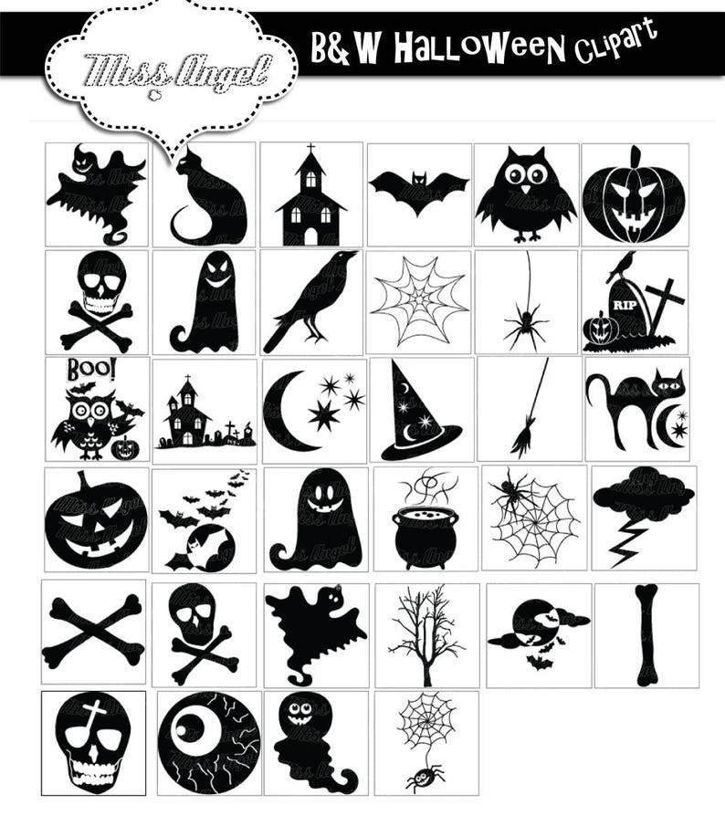 Halloween Silhouettes Clip art. 34 black Halloween clipart. 6 black white Halloween. Ghosts, spiders, pumpkins, haunted house, bats, skull image 3